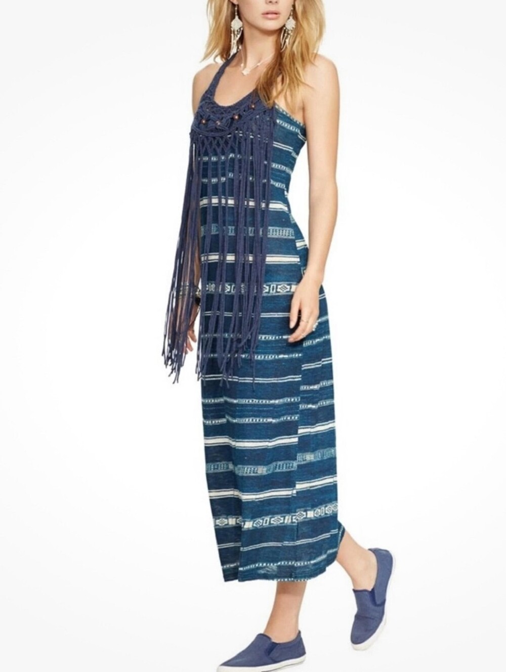 NWT Denim & Supply Blue Fringe Bohemian Beaded Macrame Long Maxi Dress XS